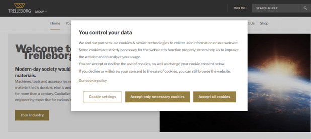 Trelleborg AB's custom cookie consent banner